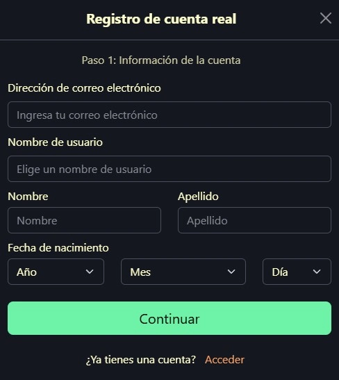 Flujo actual de registro de Tropica Casino