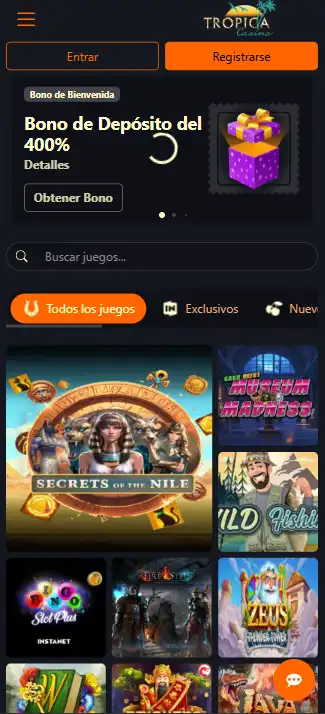 Tropica Casino abierto en un navegador móvil actual