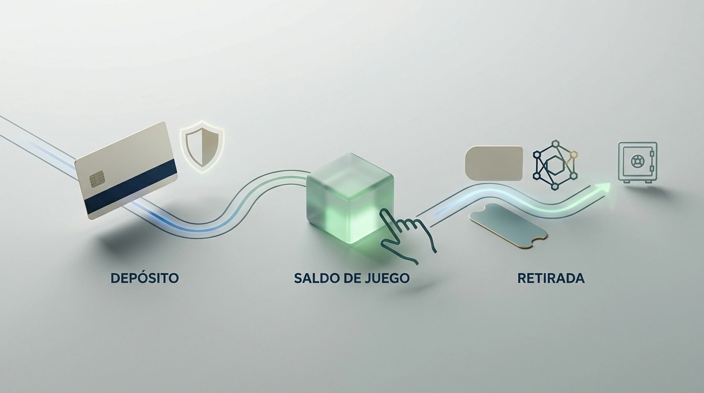 Ilustración editorial del flujo de depósito, juego y retirada con métodos de pago verificados en Tropica