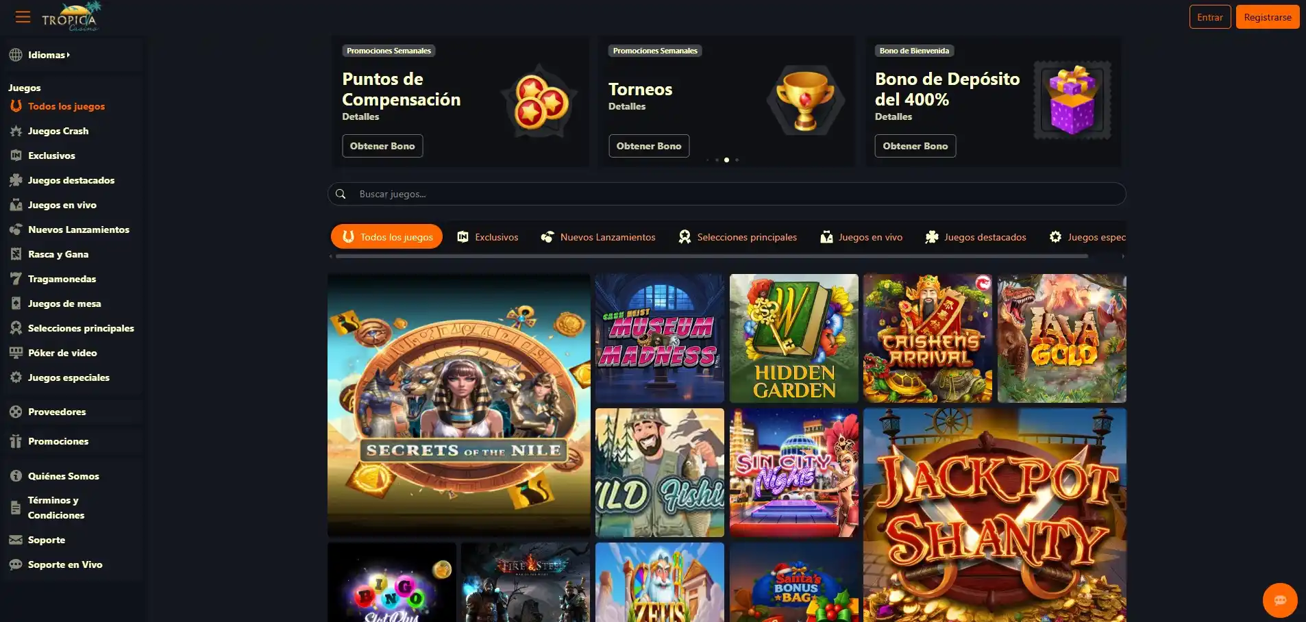 Cabecera y logotipo oficial de Tropica Casino